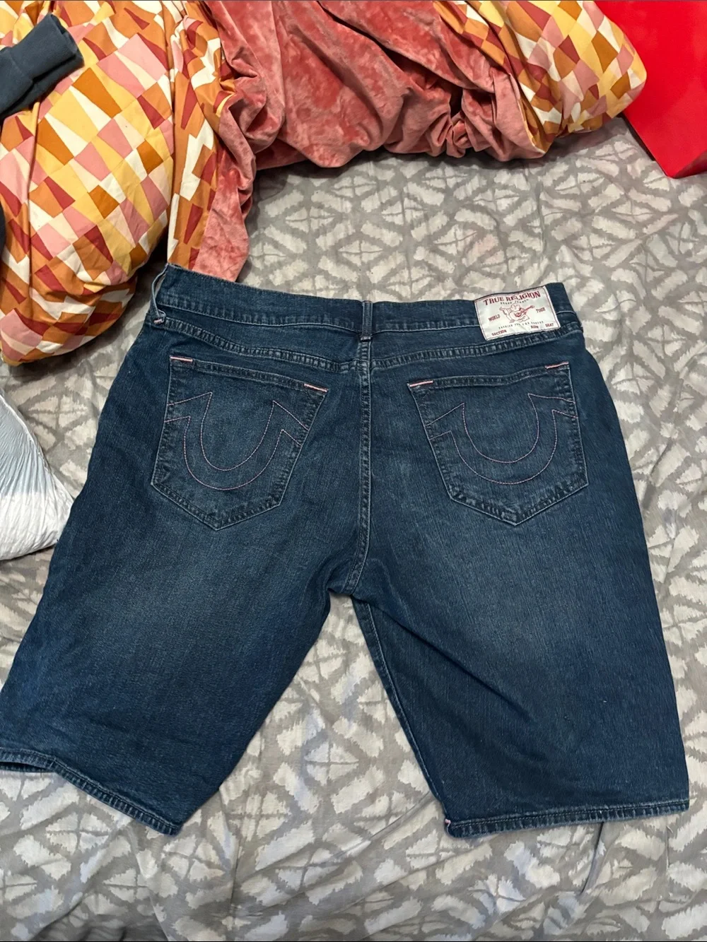 True Religion Dark Indigo Denim Shorts with Pink Stitching